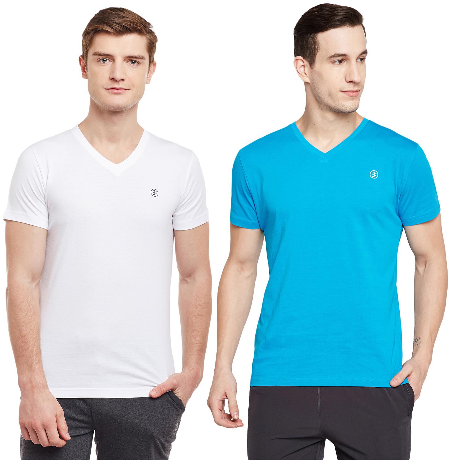 

Bodyactive Men White Turquoise Regular fit Cotton V neck T-Shirt - Pack Of 2
