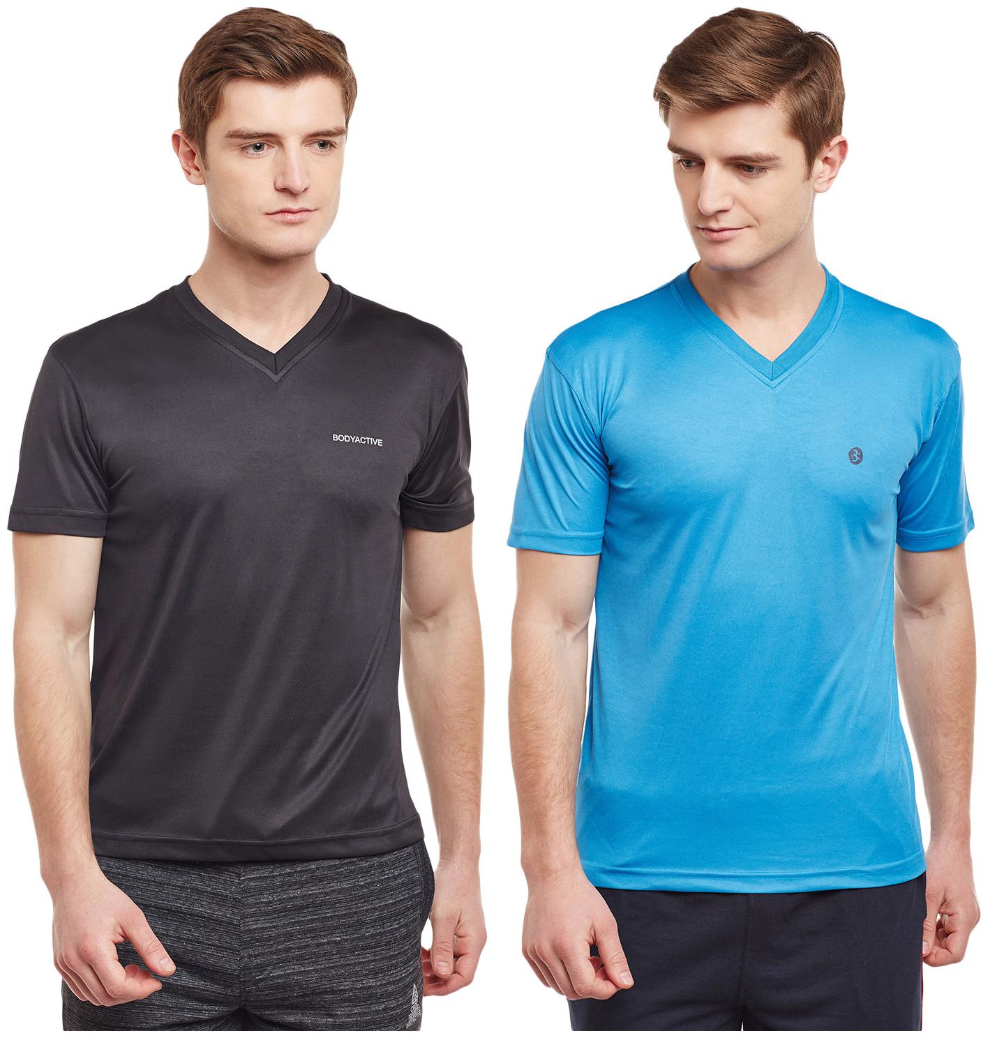 

Bodyactive Men Black Turquoise Regular fit Cotton V neck T-Shirt - Pack Of 2