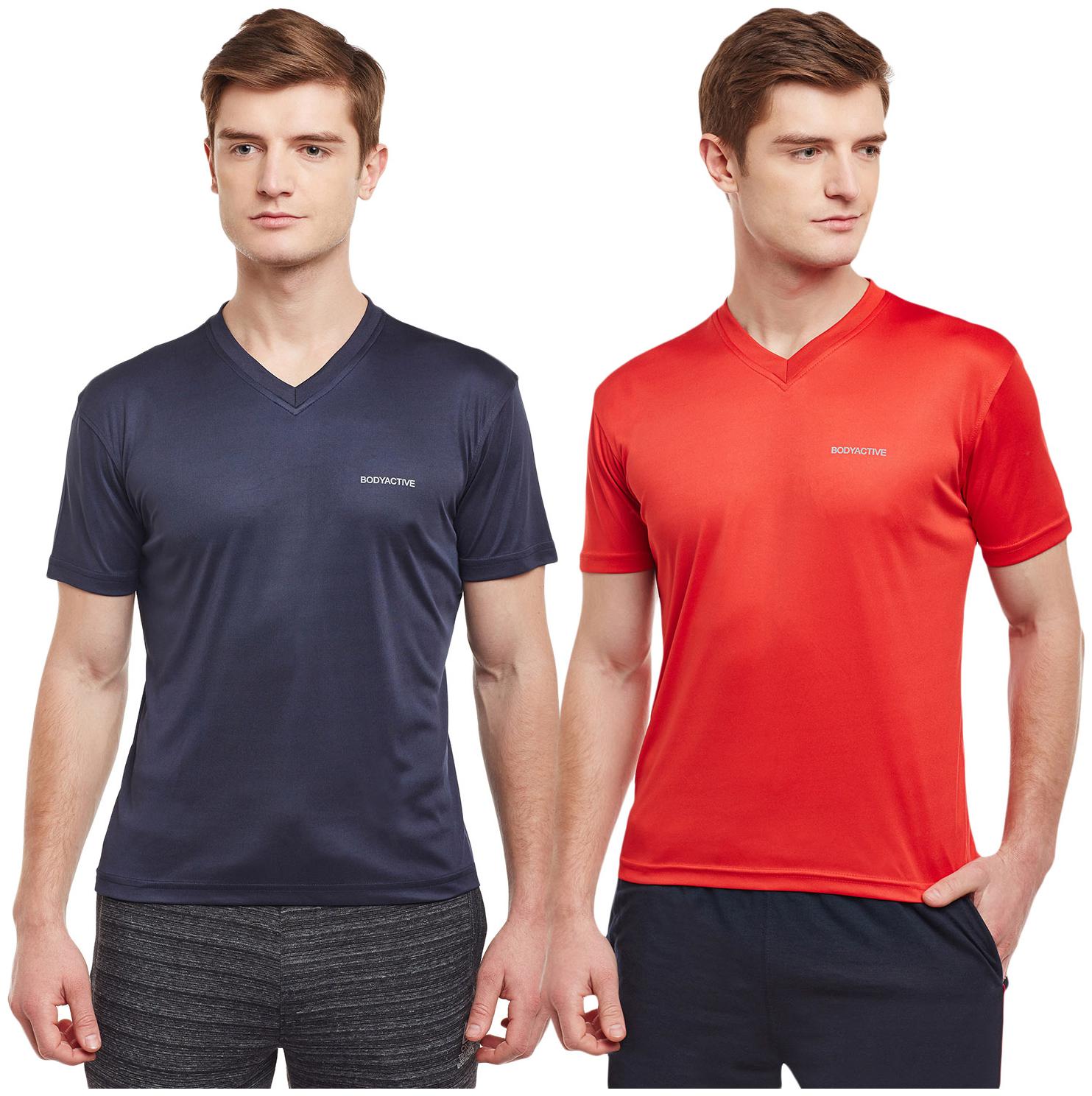 

Bodyactive Men Blue Red Regular fit Cotton V neck T-Shirt - Pack Of 2