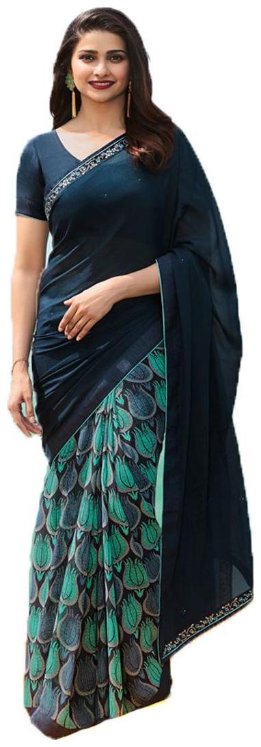 

Bollywood Designer Blue Colour Printed Half And Half Saree With Blouse Piece