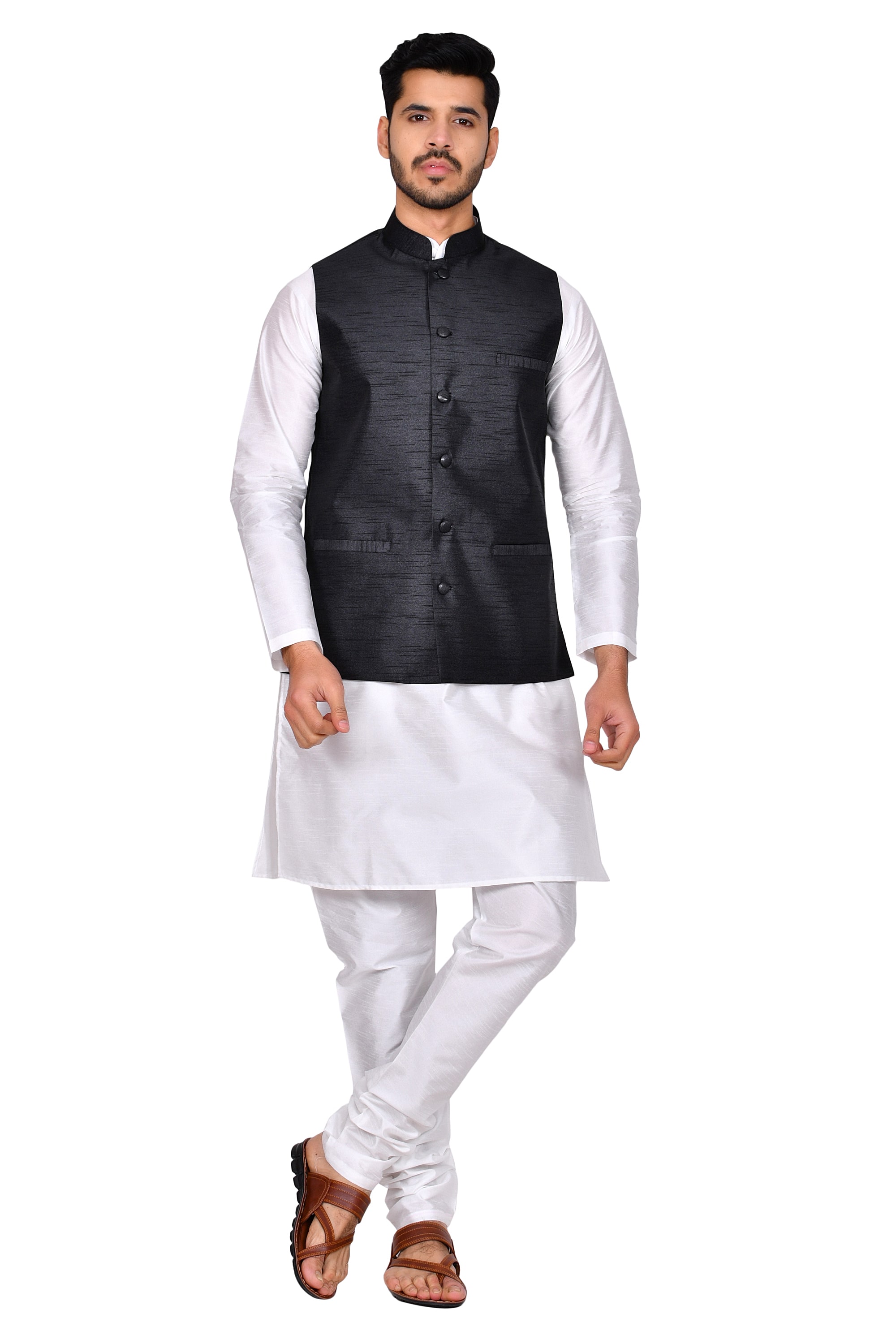 

Bonnier Black Solid Kurta and Churidar With Nehru Jacket