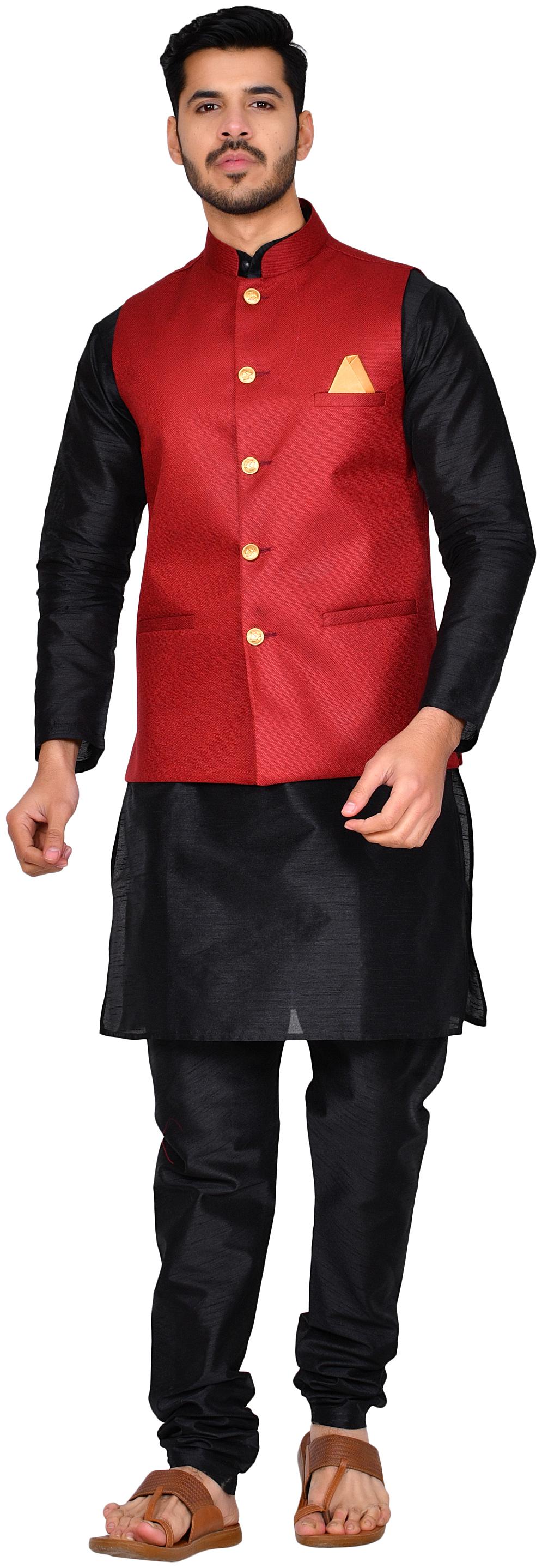 

Bonnier Maroon Solid Kurta and Churidar With Nehru Jacket