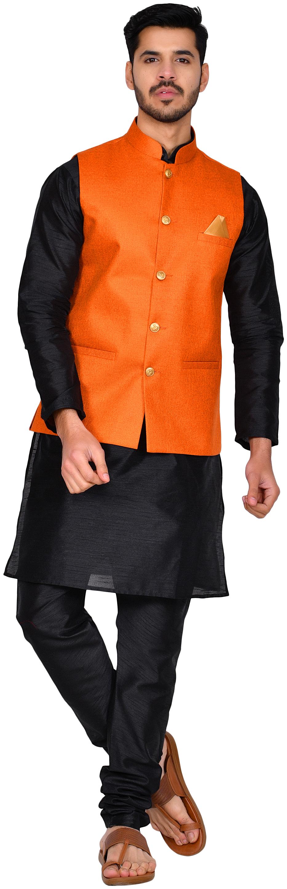 

Bonnier Orange Solid Kurta and Churidar With Nehru Jacket