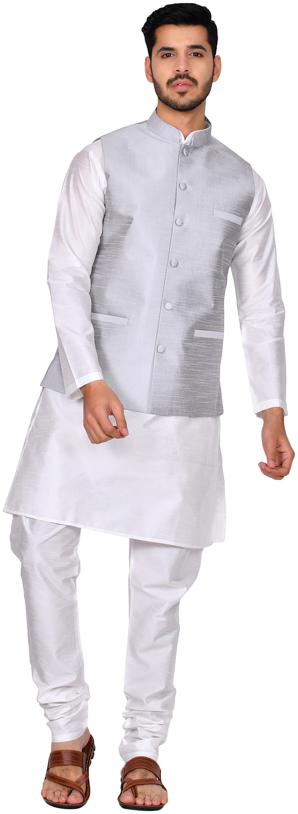 

Bonnier White Solid Kurta and Churidar With Nehru Jacket