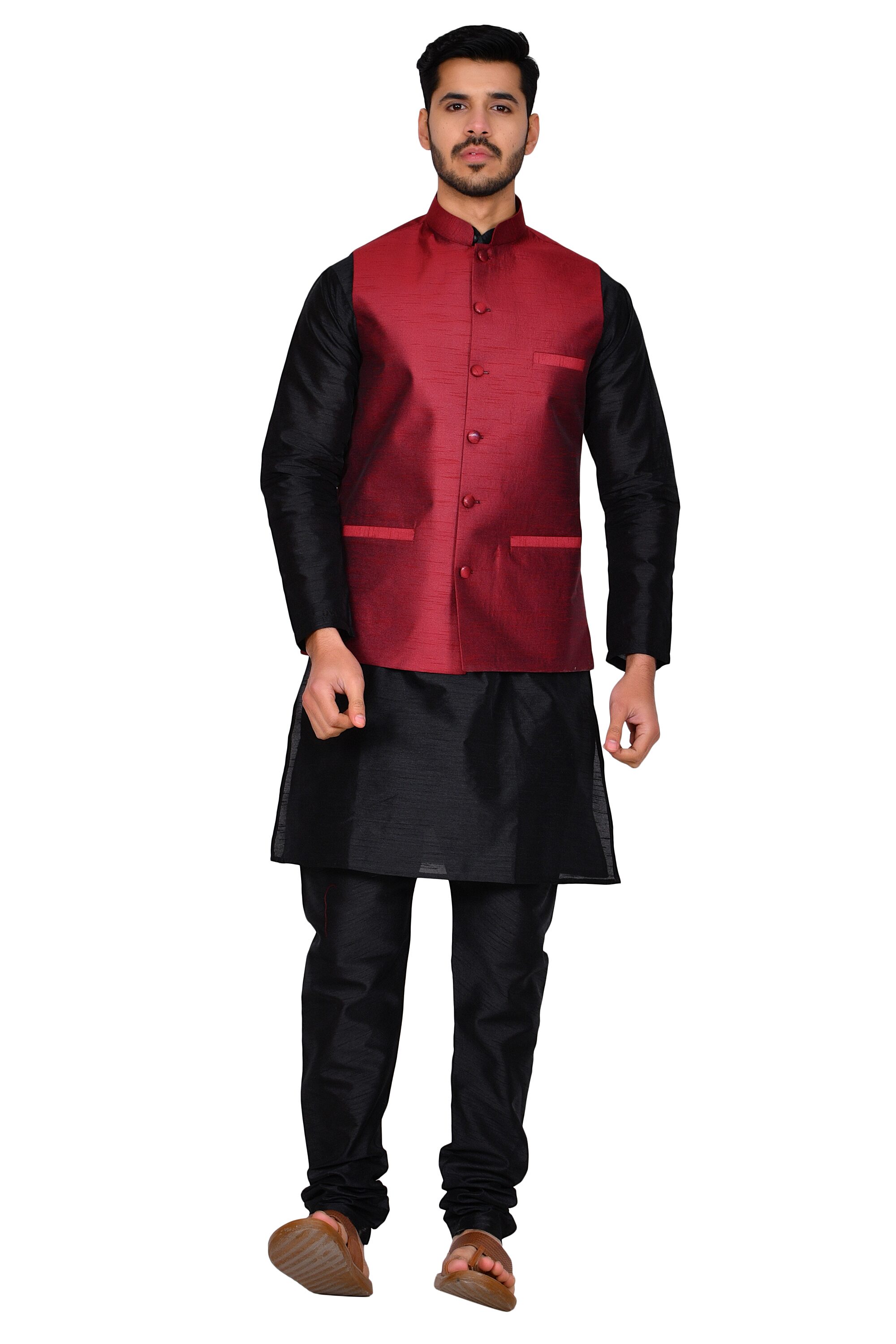 

Bonnier Maroon Solid Kurta and Churidar With Jacket