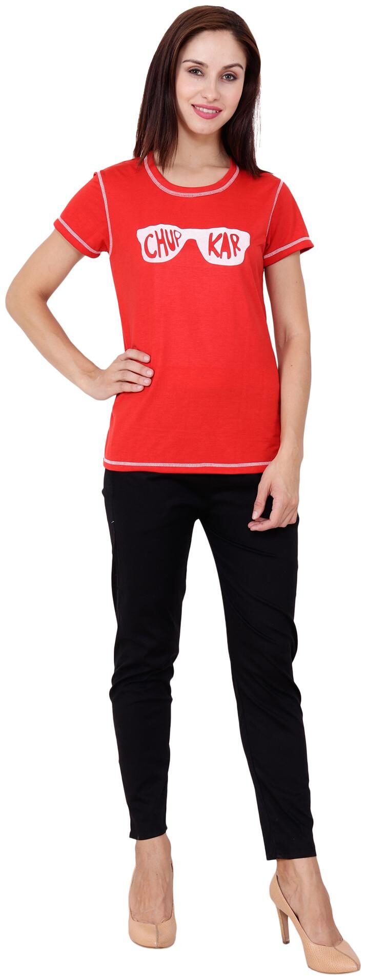 

CAMILLA MAX Women Red Regular fit Round neck Cotton T shirt