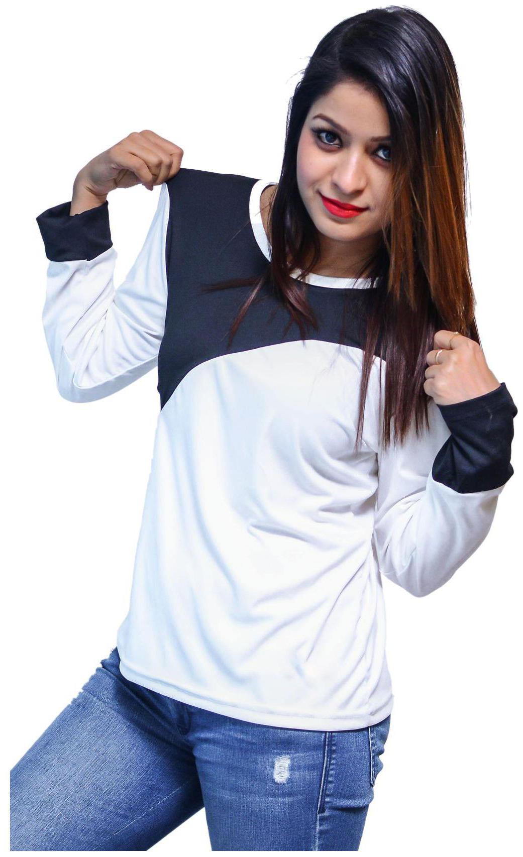 

NICE QUEEN Women White Regular fit High neck Cotton T shirt