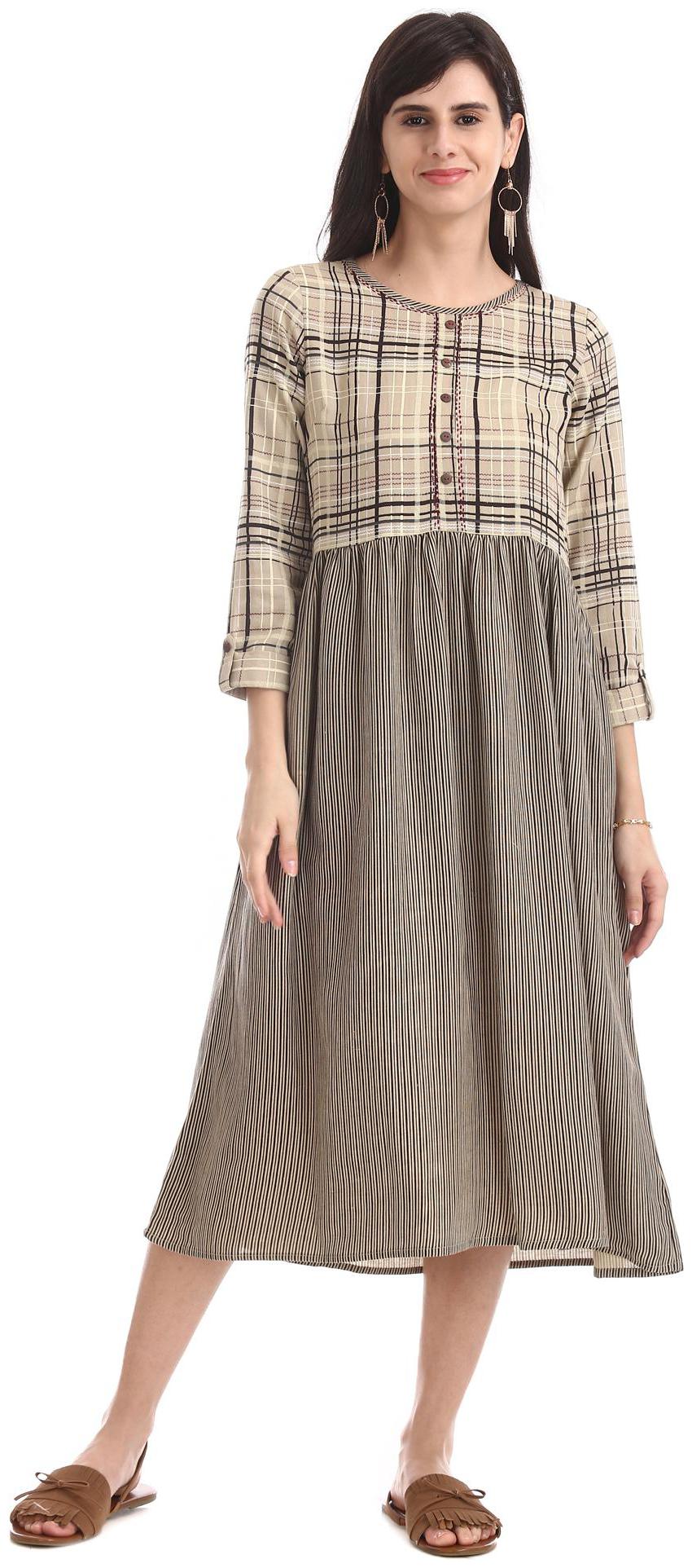 

Bronz Beige Checked Fit flare dress