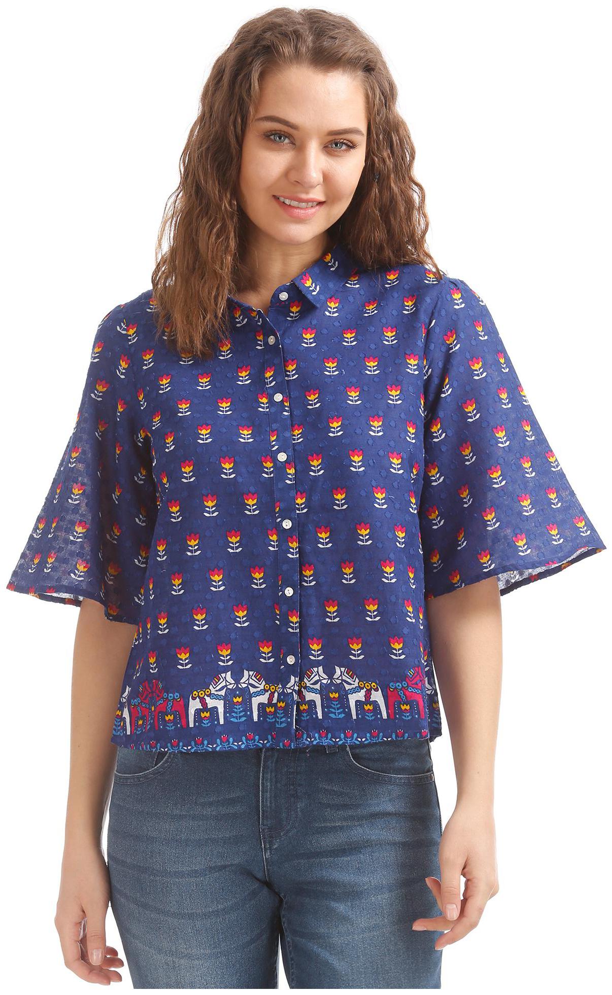 

Bronz Women Blue Printed Regular Fit Shirt