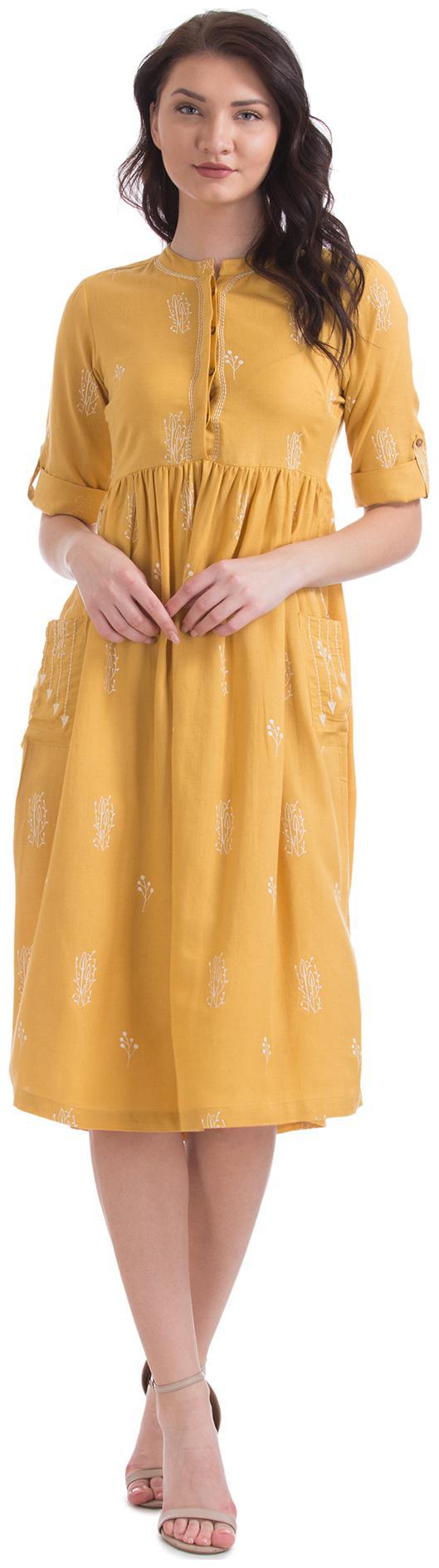 

Bronz Yellow Printed Fit flare dress