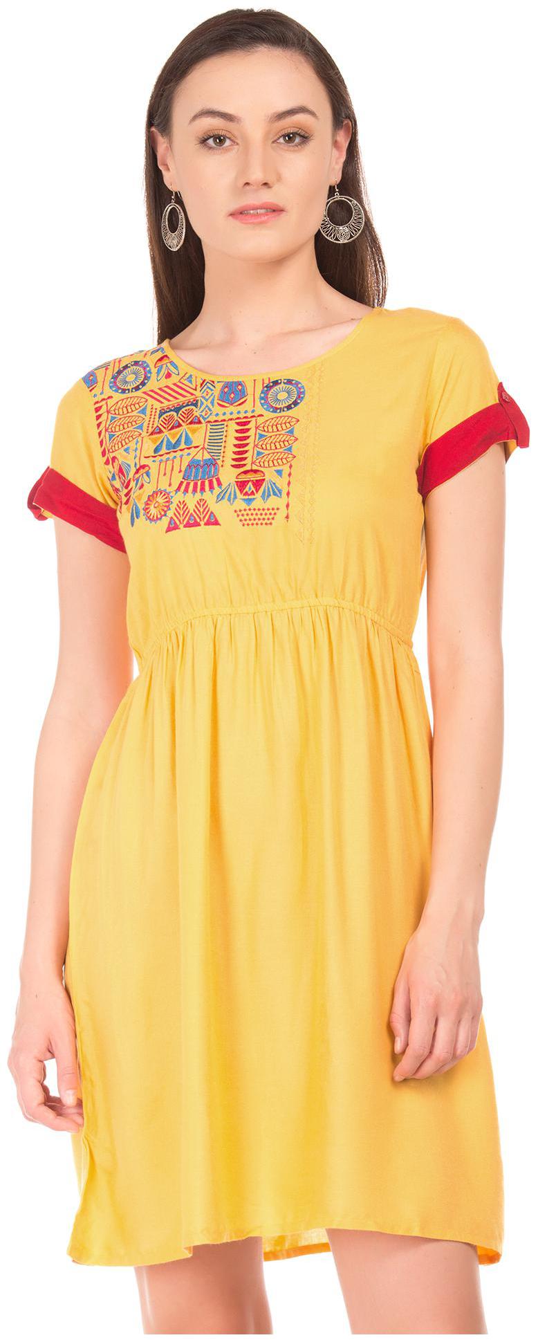 

Bronz Yellow Embroidered Fit flare dress