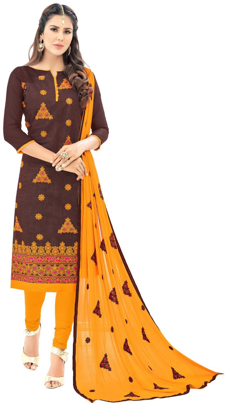 

Brown Color Chanderi Cotton Embroidered Dress Material Free Size