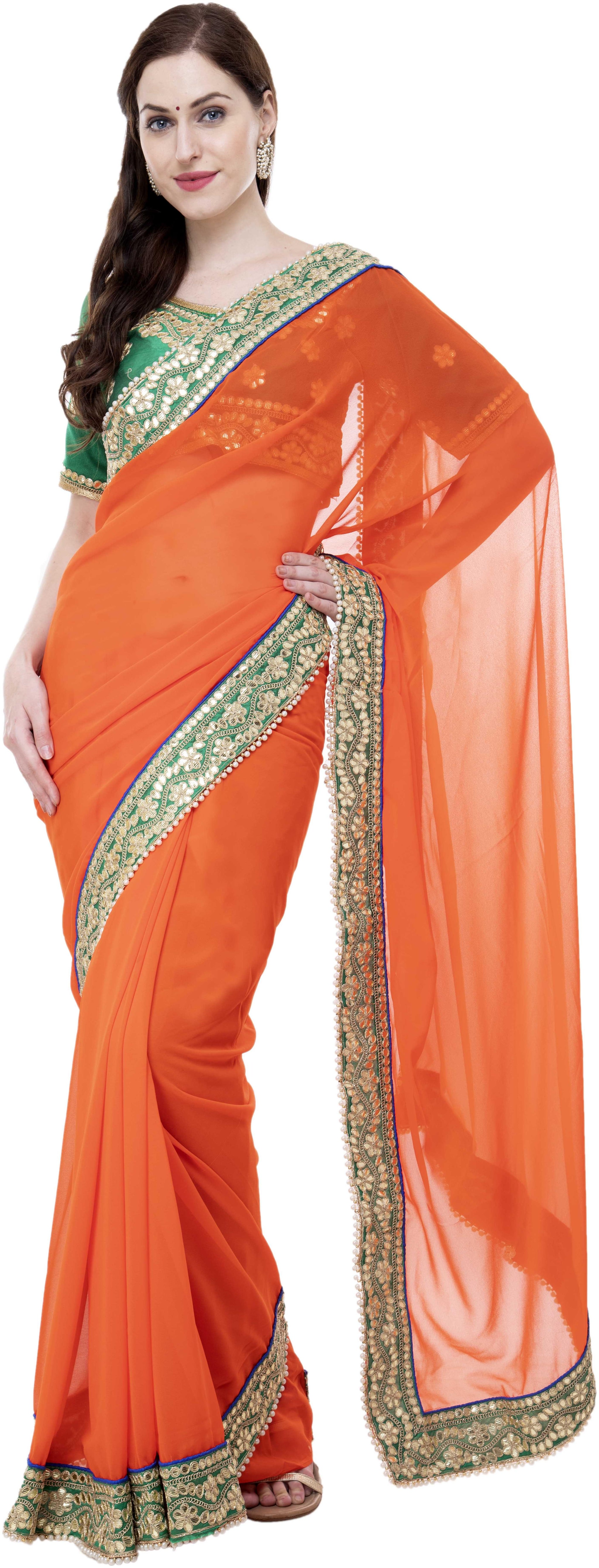 

Bunny Creation Orange Border work solid Indian Style Saree