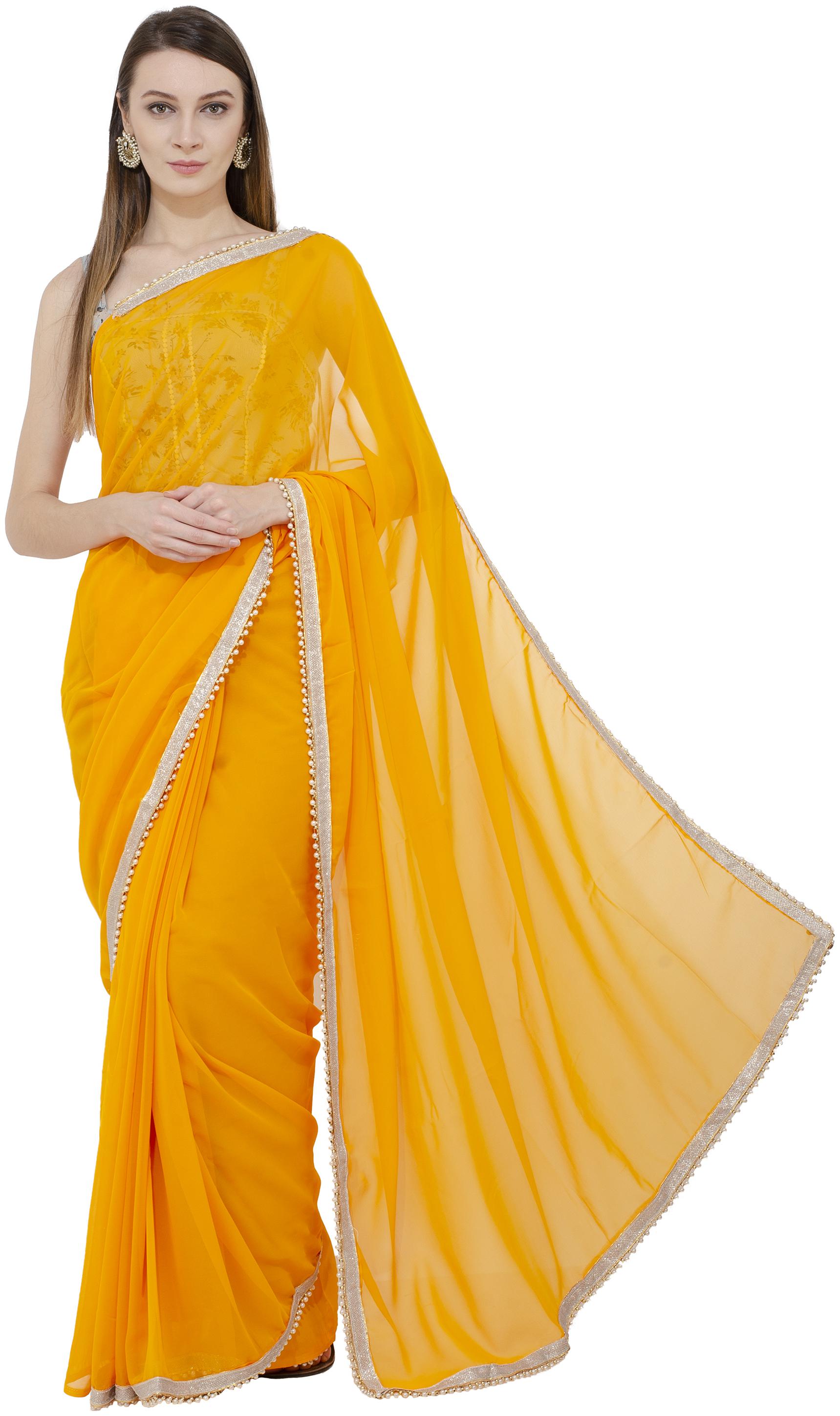 

Bunny Creation Yellow Solid Universal Designer Saree With blouse