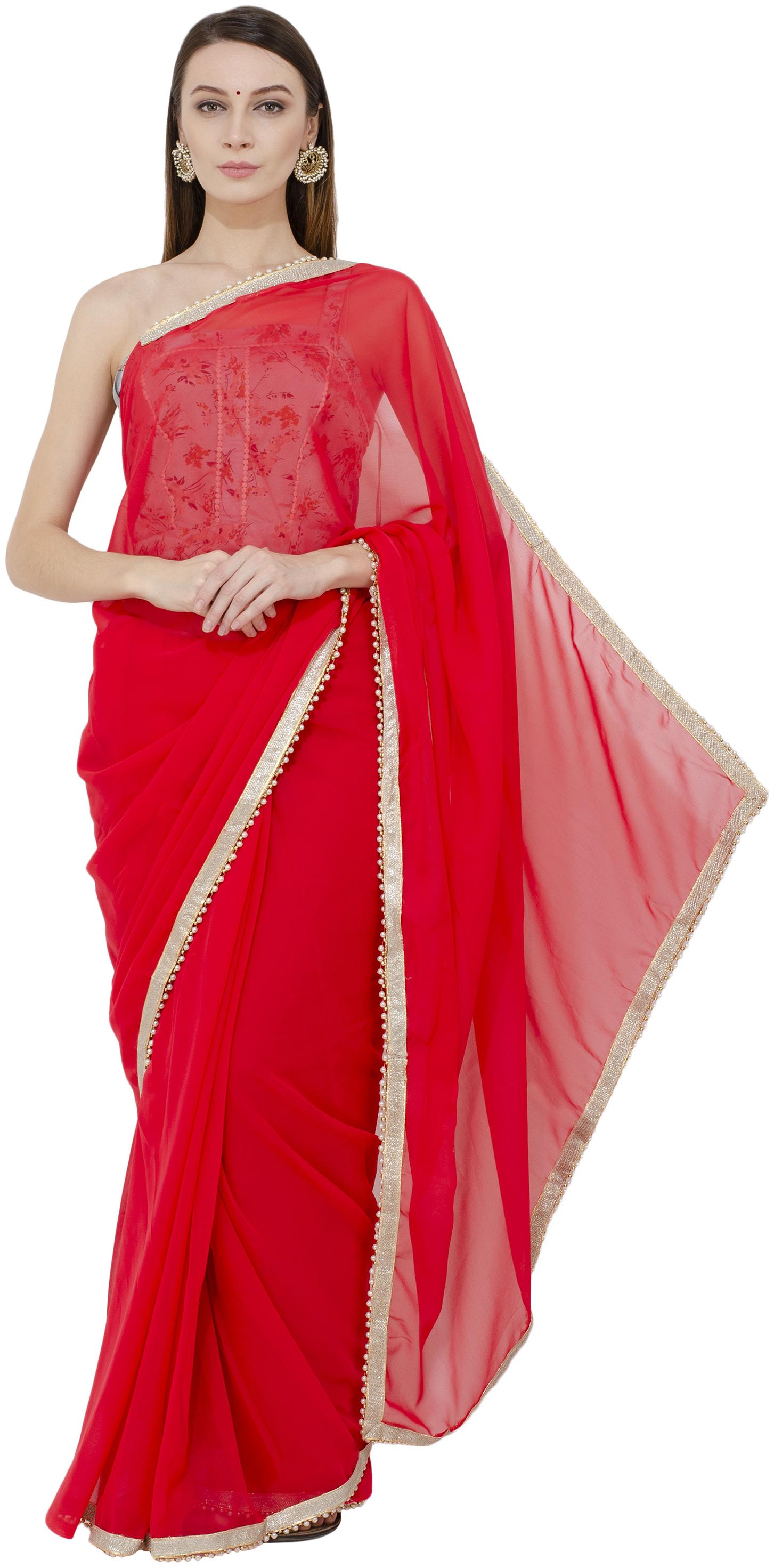 

Bunny Creation Red Georgette plain Solid Daily Wear Saree