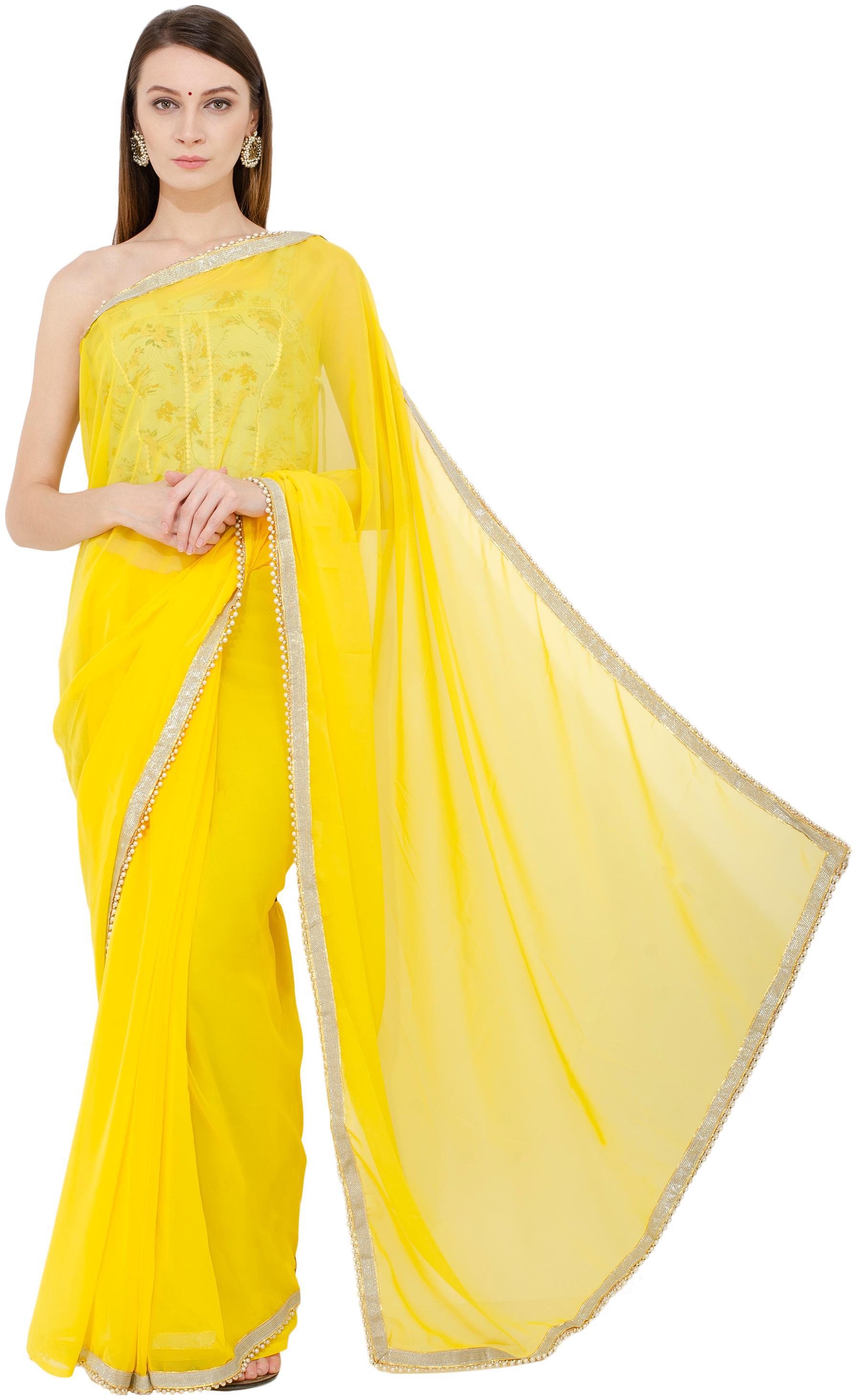 

Bunny Creation Yellow Georgette plain Solid Daily Wear Saree