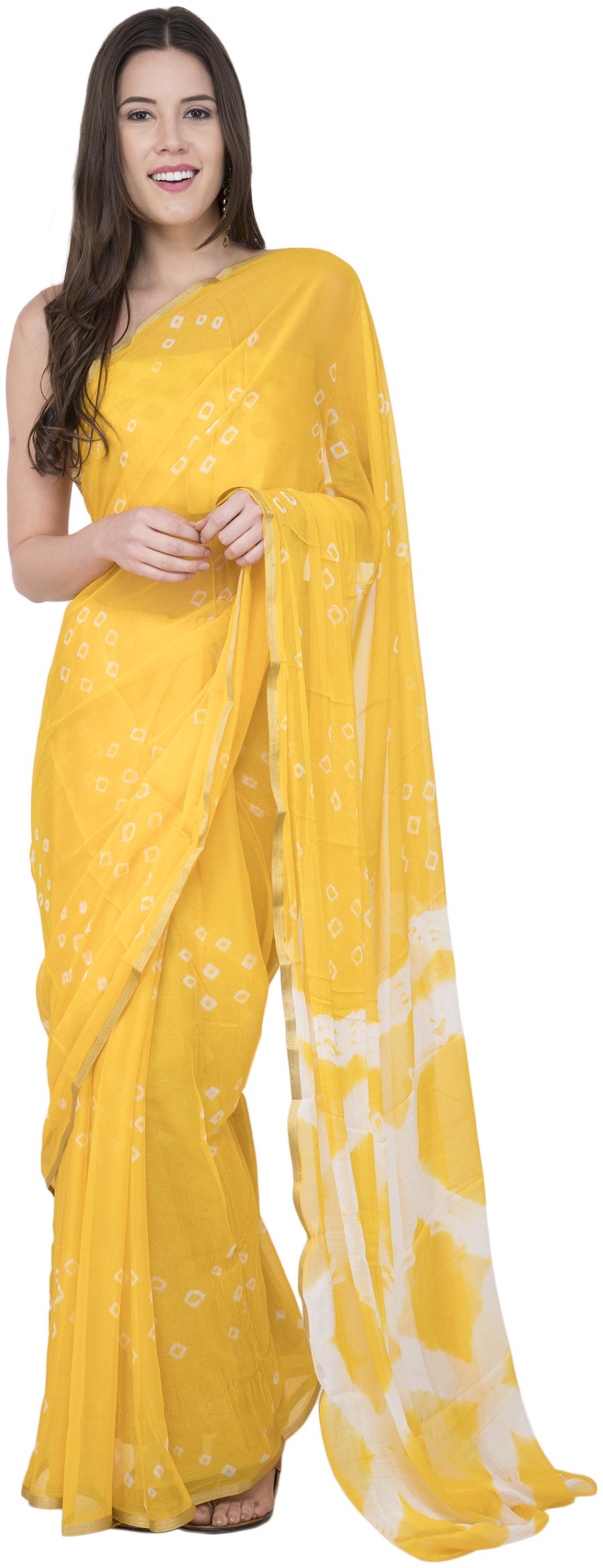 

Bunny Creation Yellow Chiffon Bhandni Print Daily Wear Saree