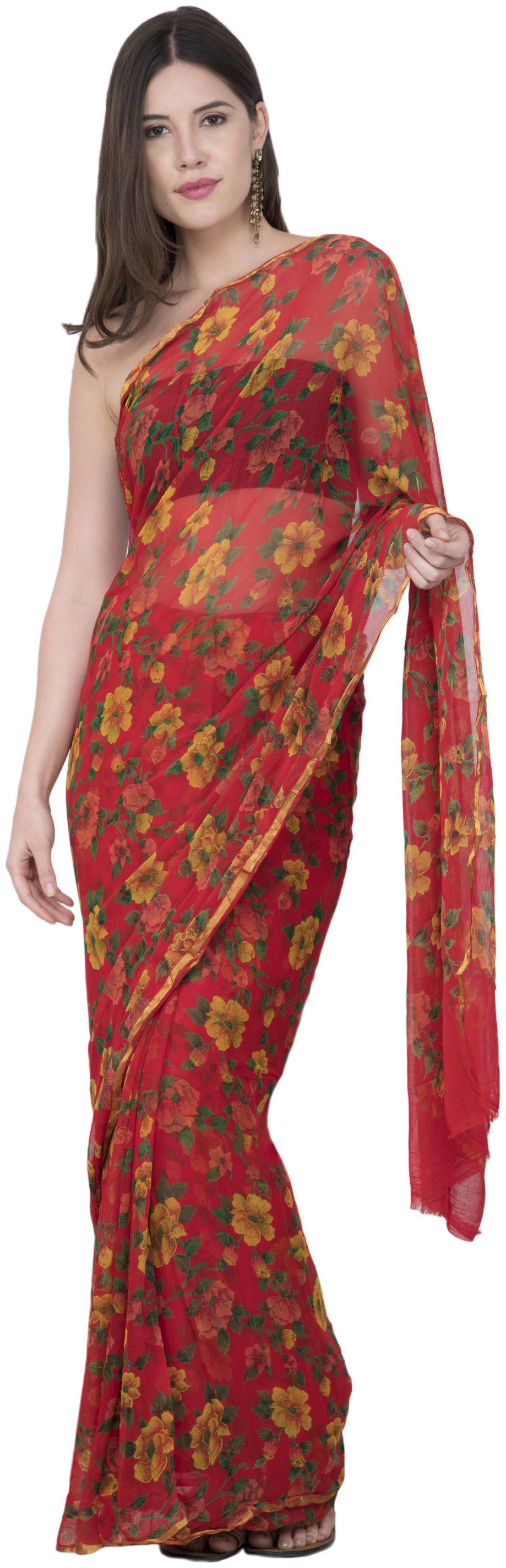 

Bunny Creation Red Floral Universal Designer Saree With Blouse With blouse