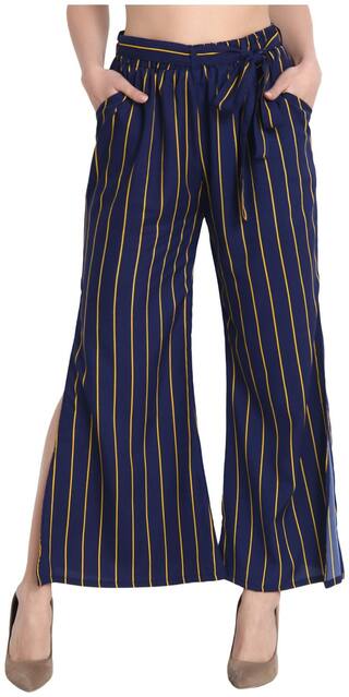 BuyNewTrend Navy Yellow Lining Side Slits Striped Palazzo Pant For Women