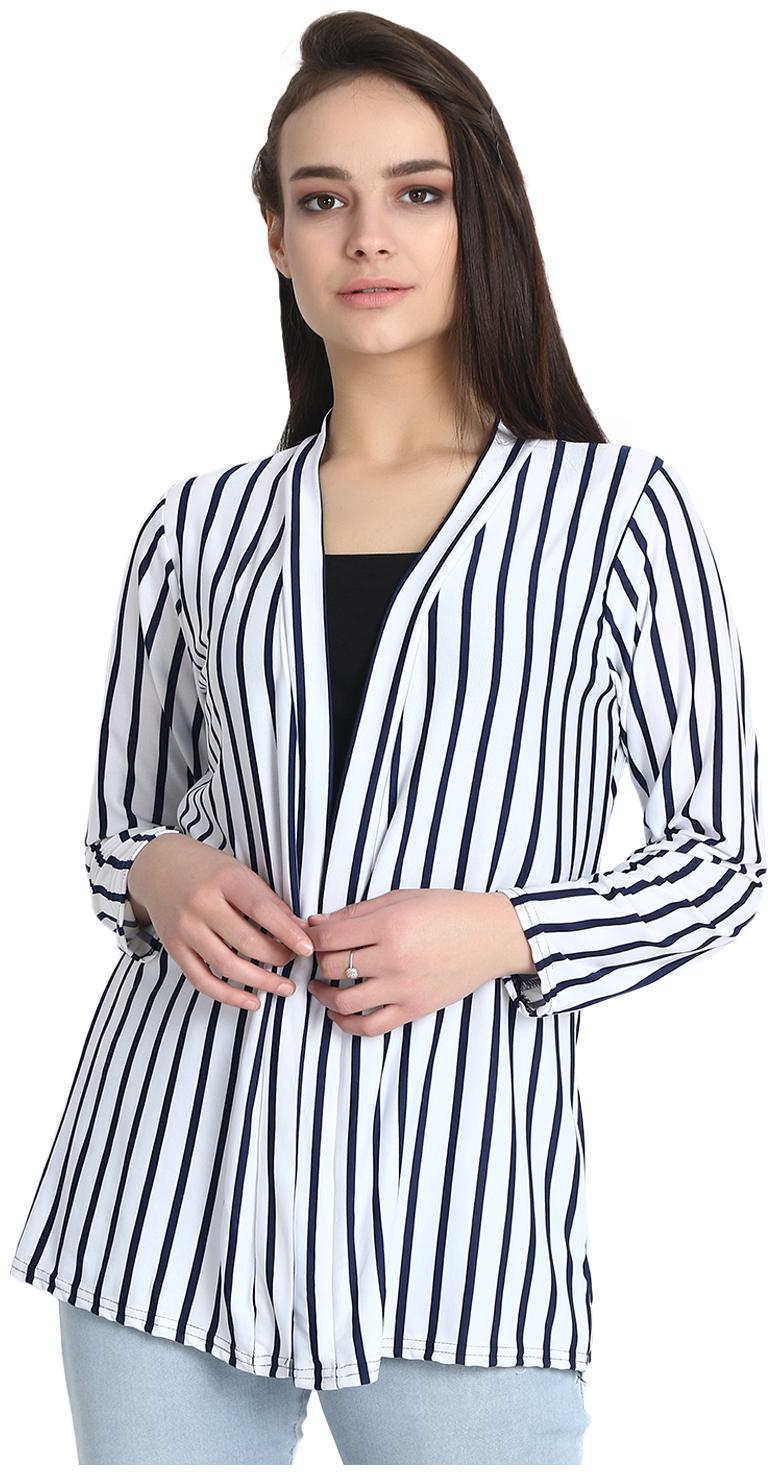 

BuyNewTrend White Navy Hosiery Lycra Striped Short Longline Shrug For Women
