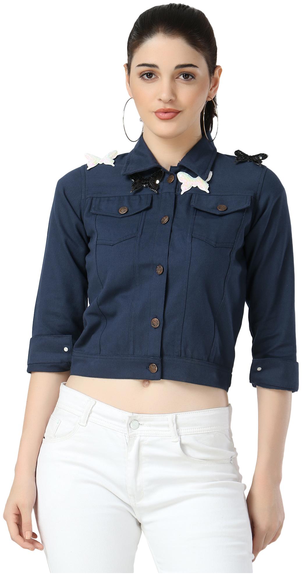 

BuyNewTrend Navy Blue Butterfly Twil Denim Jacket For Women