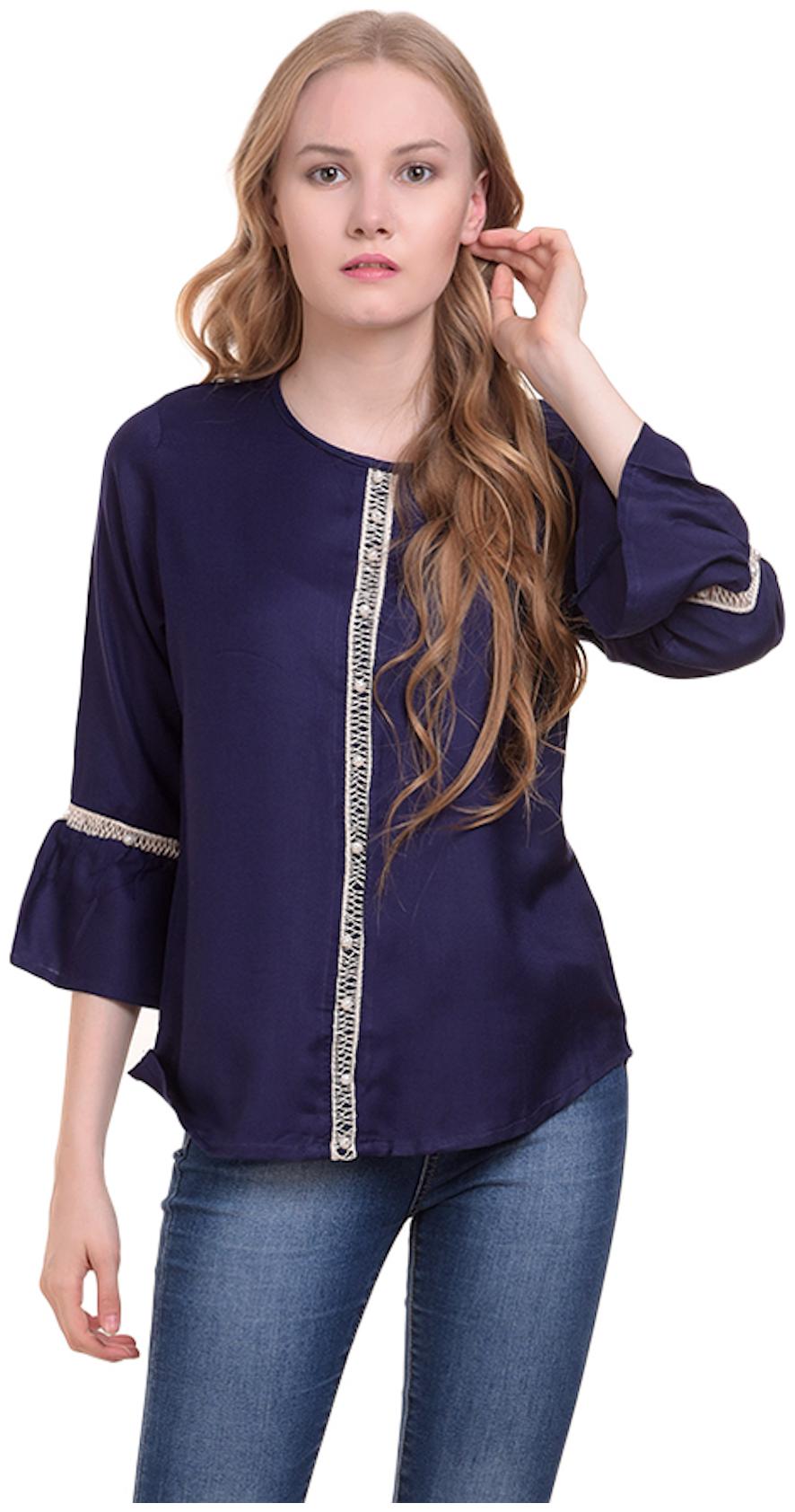 

BuyNewTrend Navy Blue Rayon Top with Beaded Pearls For Women
