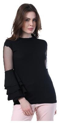 

BuyNewTrend Black Bell Sleeve Crepe Top For Women