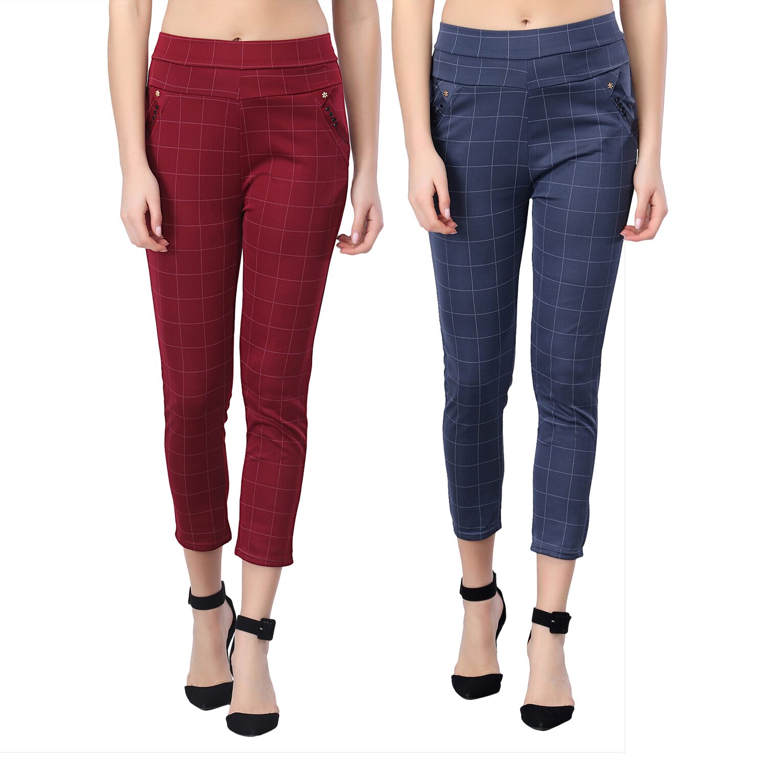 

Buynewtrend Maroon Navy Cotton Lycra Checkered Women Pant-Pack Of 2