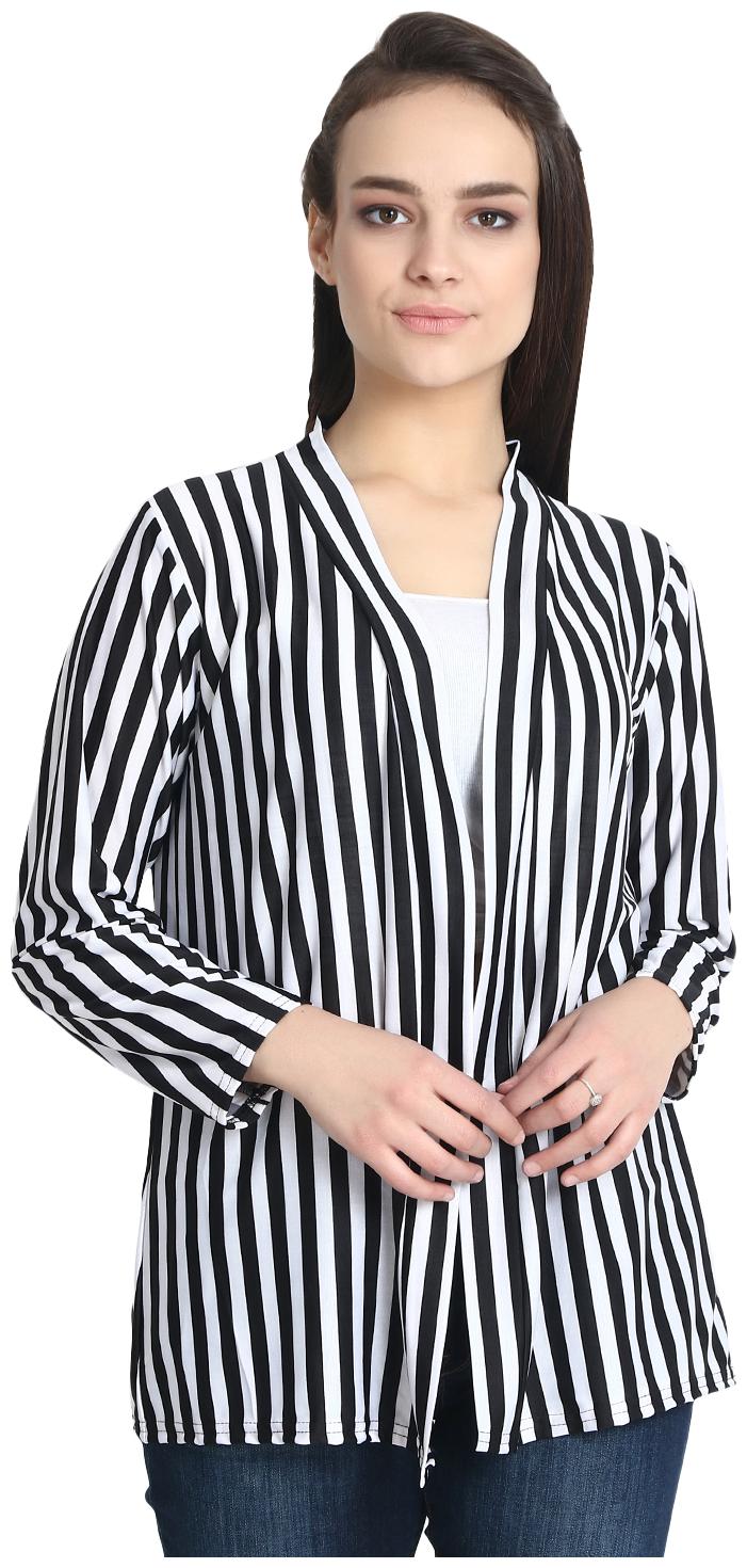 

BuyNewTrend Black White Hosiery Lycra Striped Short Longline Shrug For Women