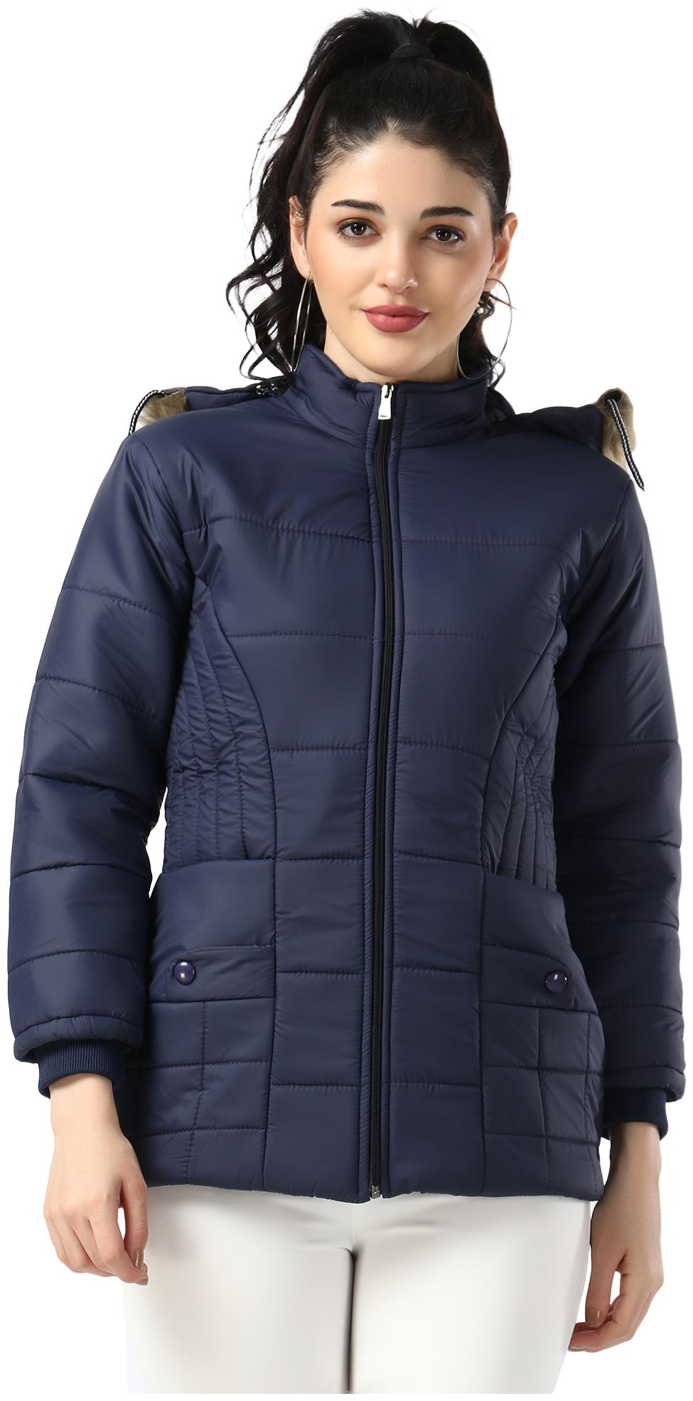 

BuyNewTrend Nylon Navy Blue Solid Regular Jacket For Women
