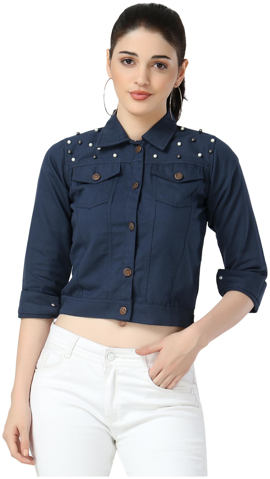 

BuyNewTrend Navy Blue Pearl Embellished Twil Denim Jacket For Women