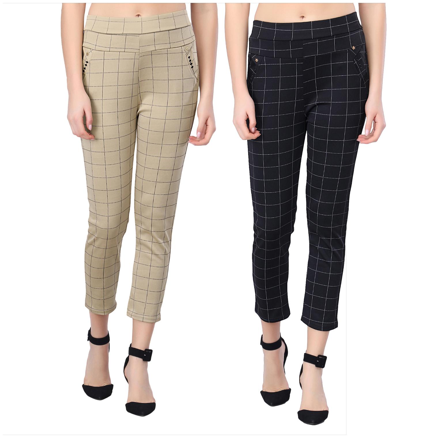 

Buynewtrend Beige Black Cotton Lycra Checkered Women Pant-Pack Of 2