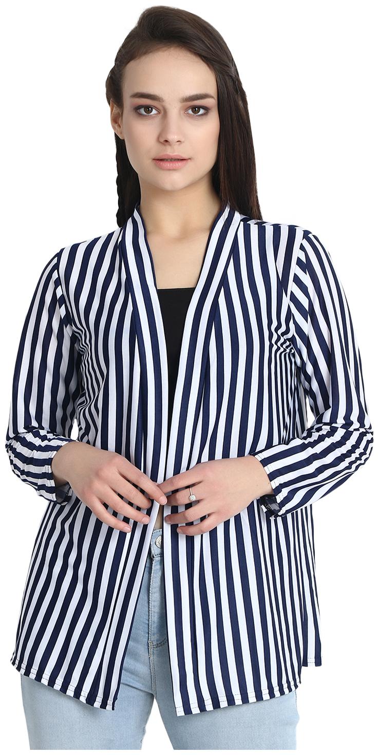 

BuyNewTrend Navy White Hosiery Lycra Striped Short Longline Shrug For Women