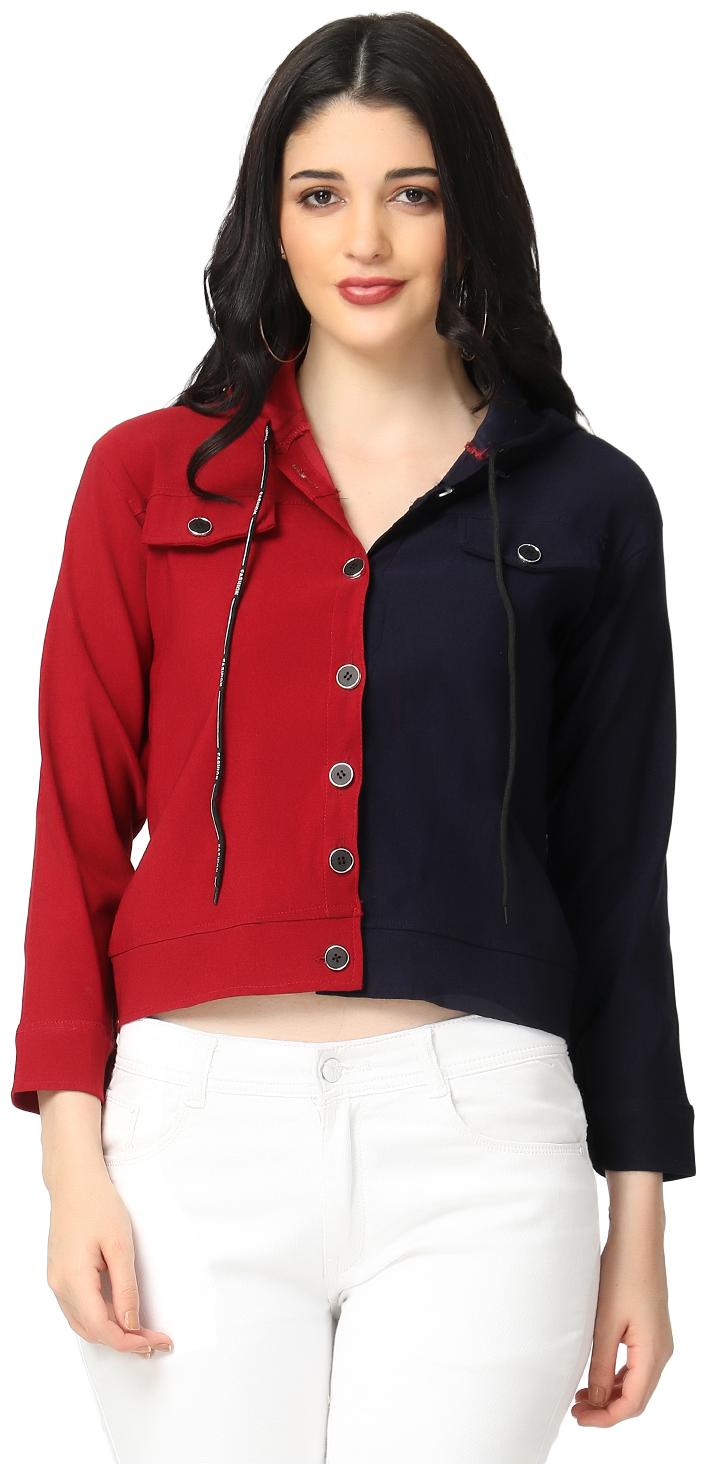 

BuyNewTrend Women Colorblocked Regular Jacket - Maroon Blue
