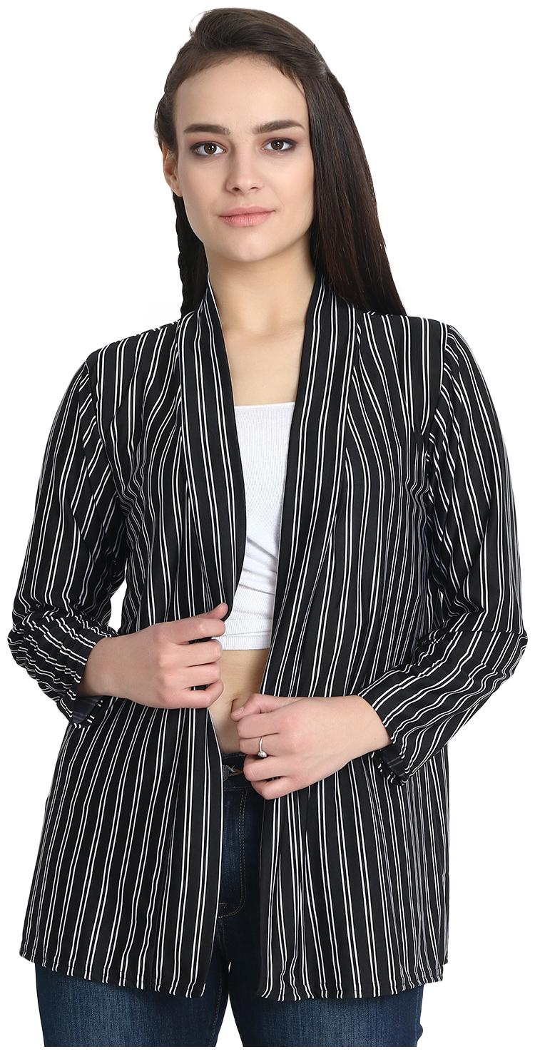 

BuyNewTrend Black Hosiery Lycra Striped Short Longline Shrug For Women