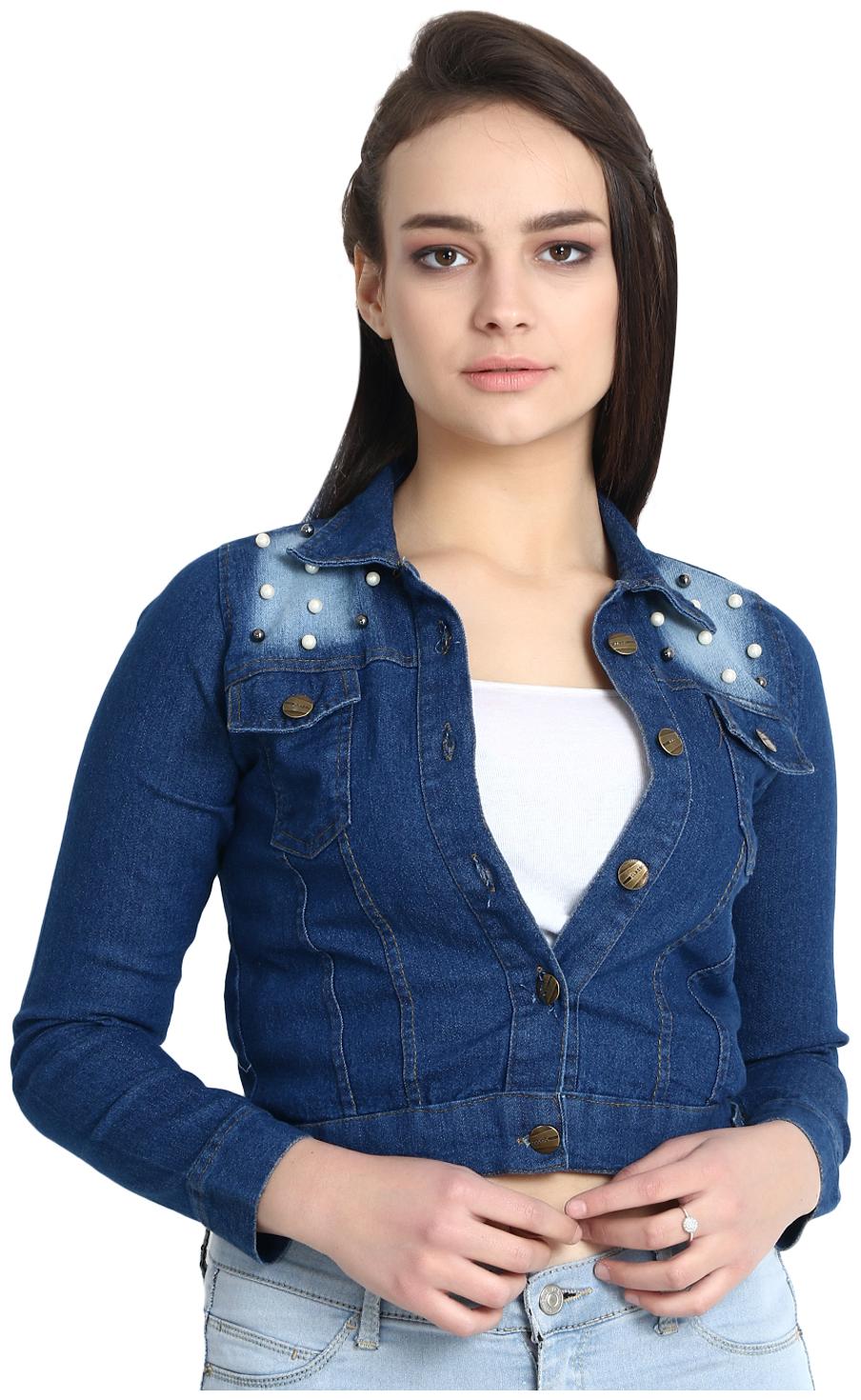 

BuyNewTrend Stone Wash Denim Light Blue Jacket For Women Crafted with Pearls