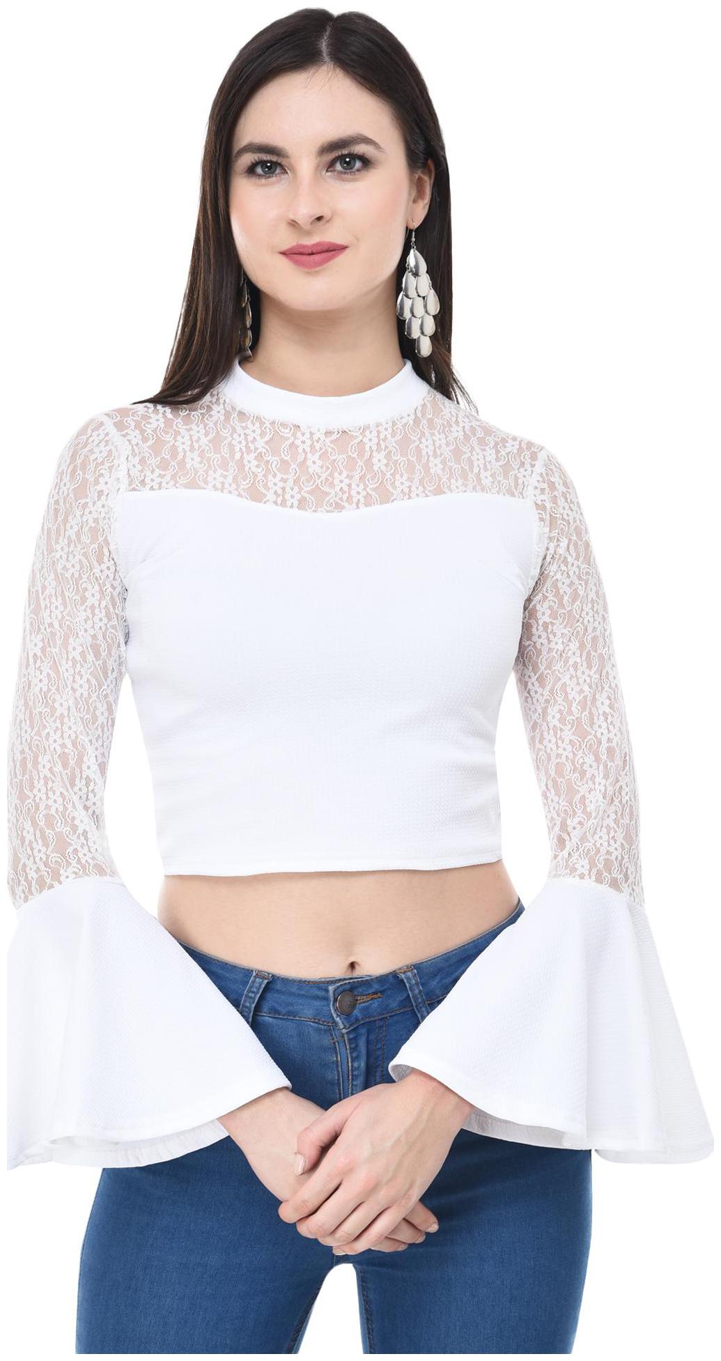 

BuyNewTrend Women s White Flared Fashion Sleeve Carrera Lace Top