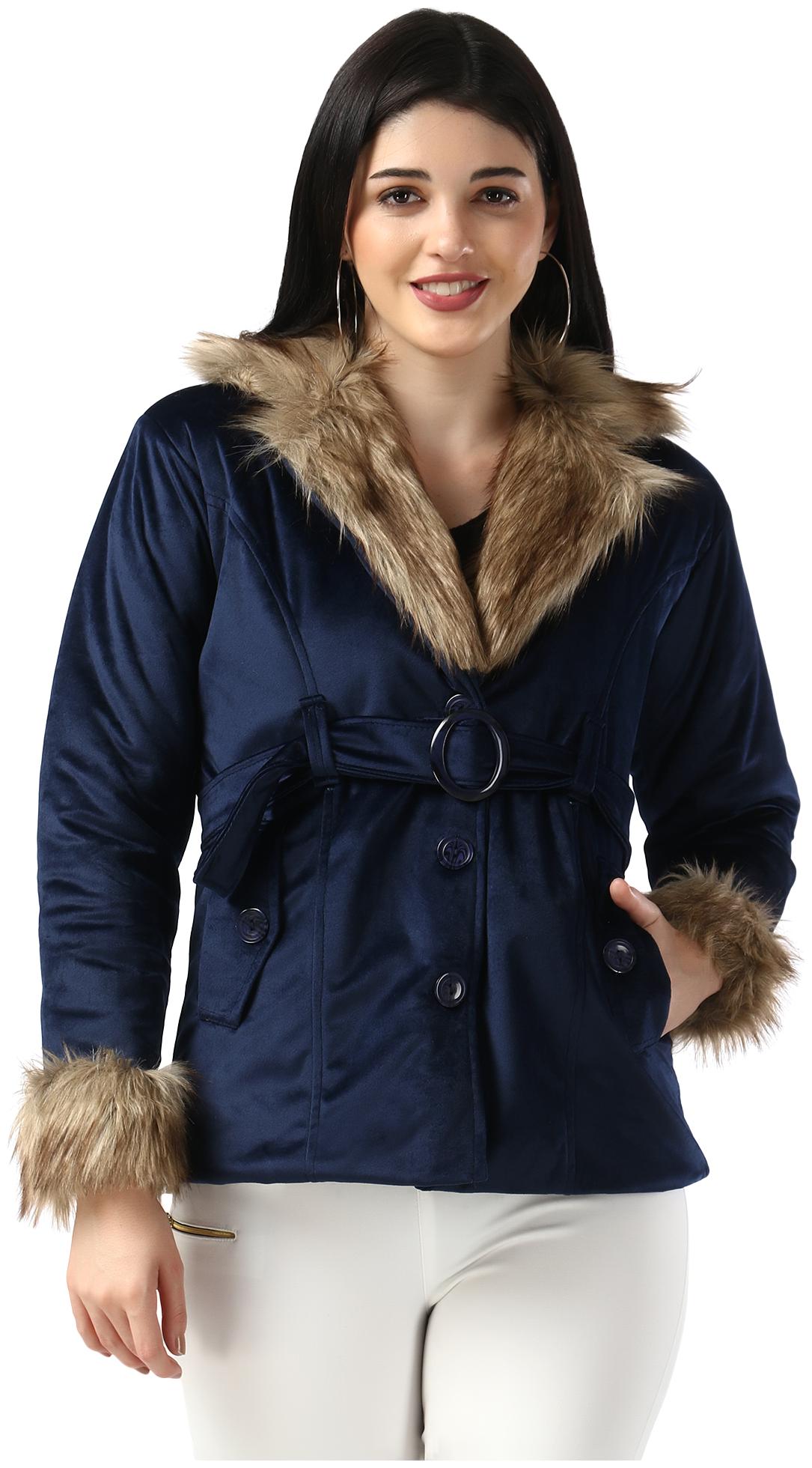 

BuyNewTrend Navy Blue Wool Fur Women Winter Jacket