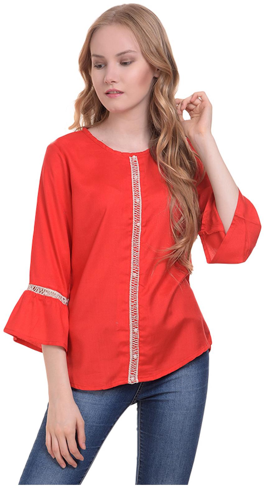 

BuyNewTrend Red Rayon Top with Beaded Pearls For Women
