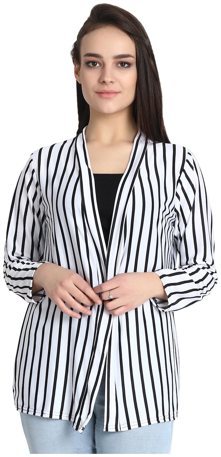 

BuyNewTrend White Black Hosiery Lycra Striped Short Longline Shrug For Women