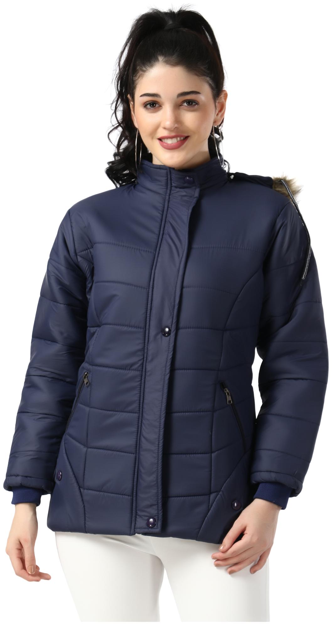 

BuyNewTrend Nylon Solid Navy Blue Color Jacket With Hoodie For Women