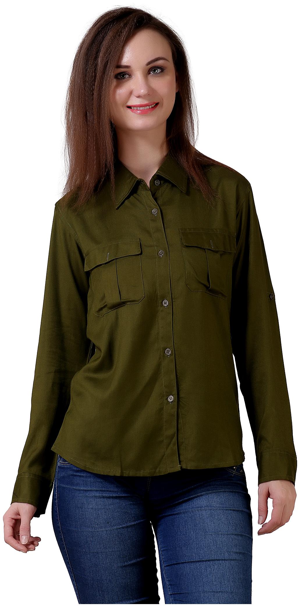 

C Cozami Women Green Solid Regular Fit Shirt