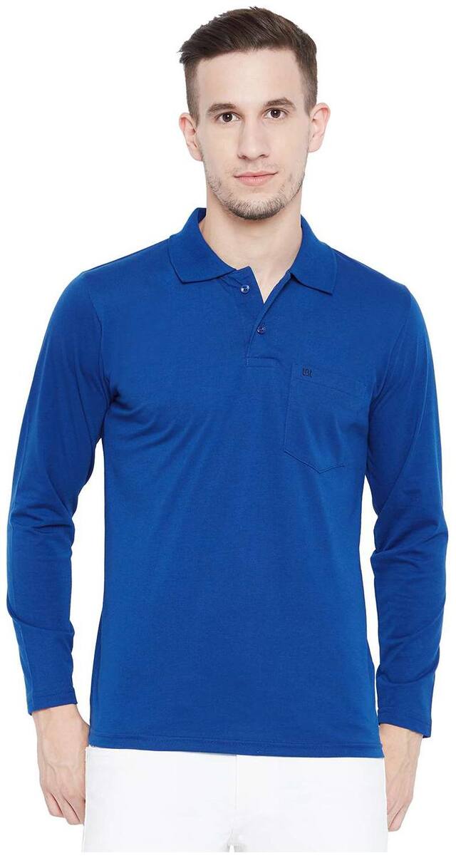 Camey Men's Plain Blue Long Sleeves Cotton Collar Front Button T-shirt