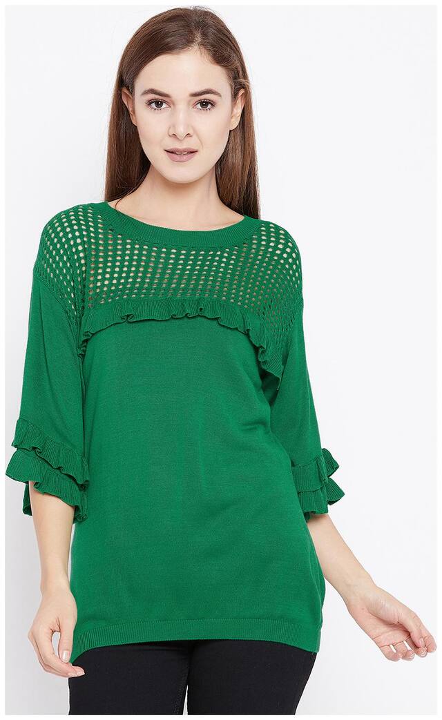 Camey Women Green Color Half Sleeve Woolen Top