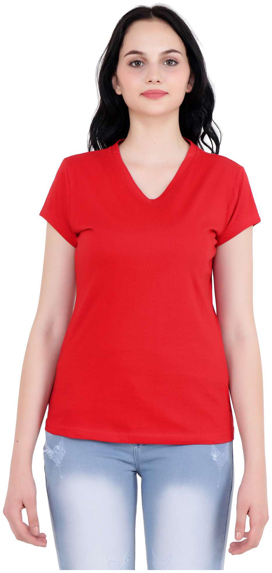 

CAMILLA MAX Women Red Regular fit V neck Cotton T shirt