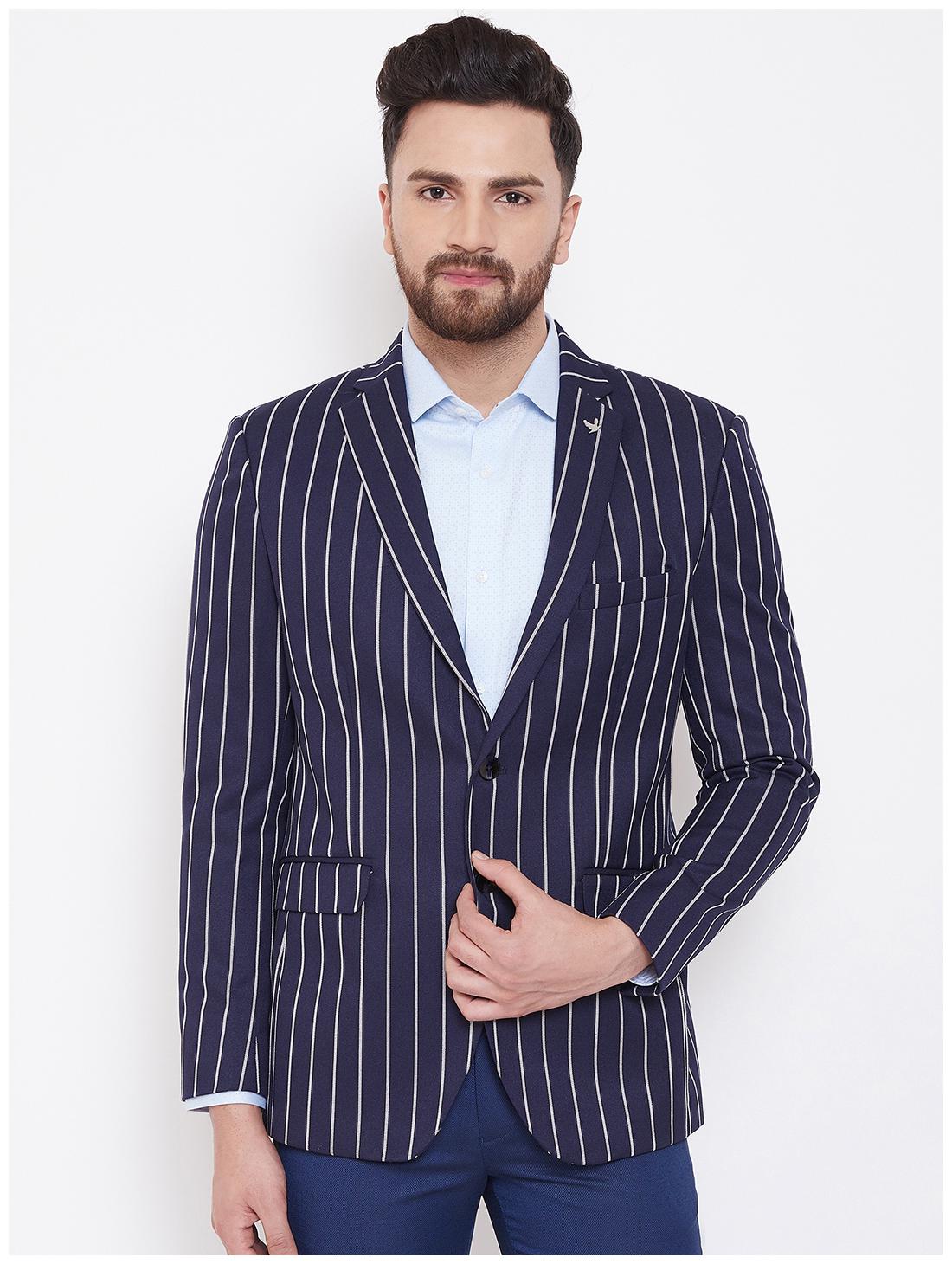 

CANARY LONDON Men Blue Striped Slim fit Single Breasted Blazer