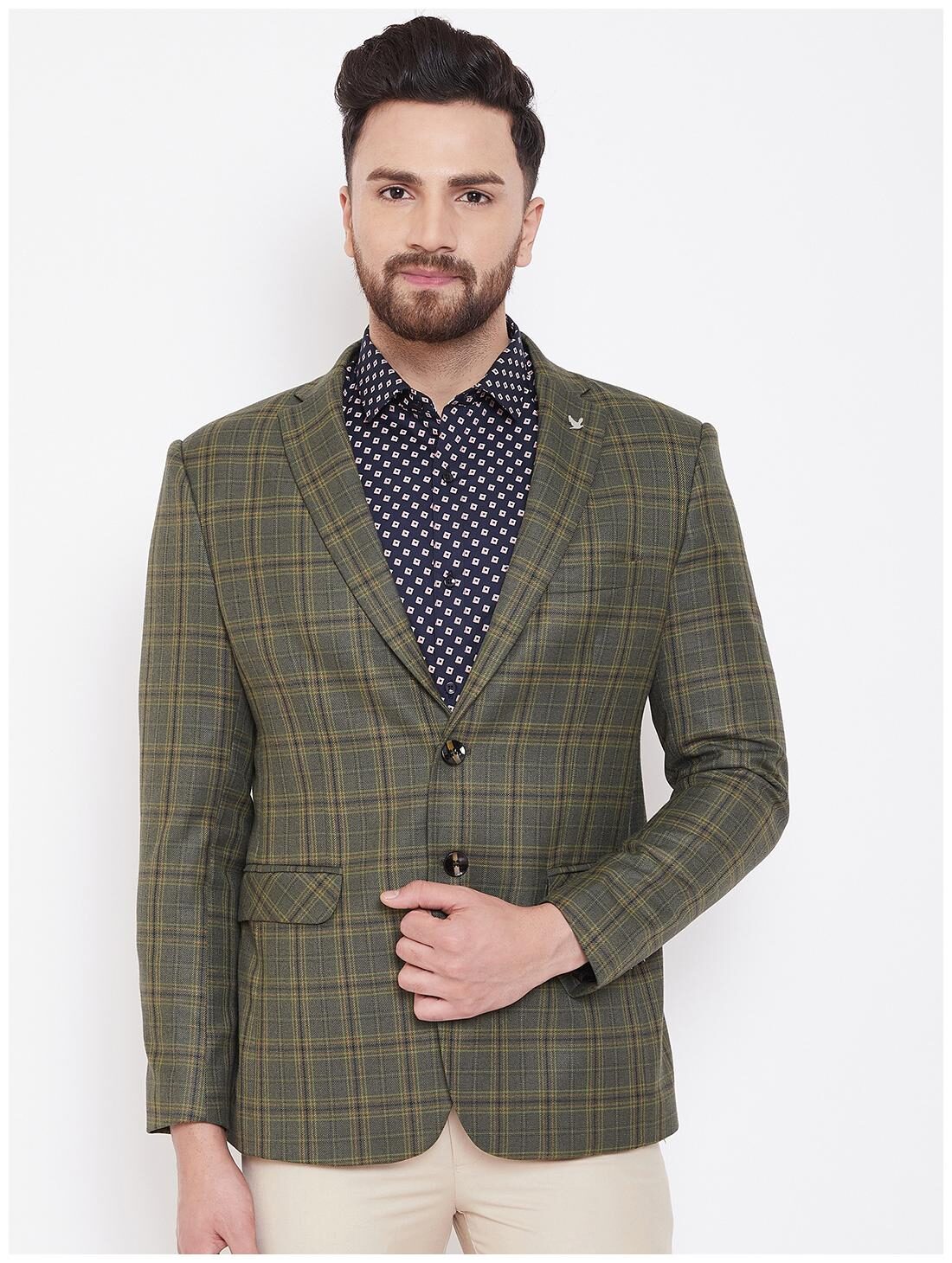 

CANARY LONDON Men Green Checked Slim fit Single Breasted Blazer