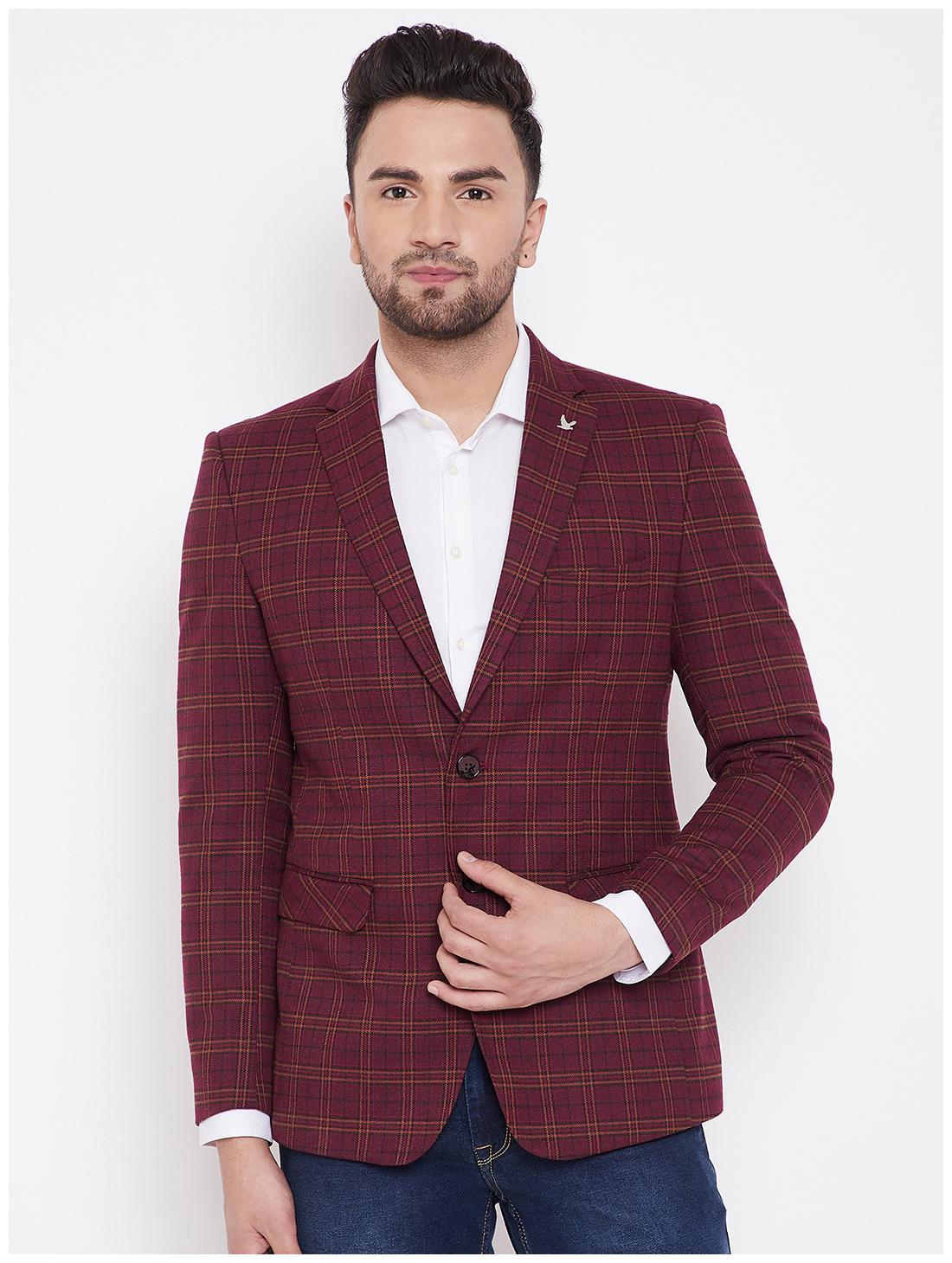

CANARY LONDON Men Maroon Checked Slim fit Single Breasted Blazer