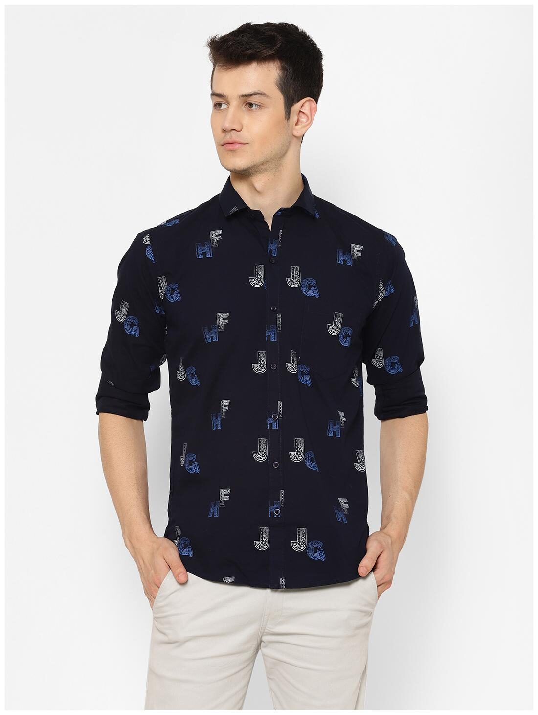 

canary wings Men Navy Blue Printed Regular Fit Casual Shirt