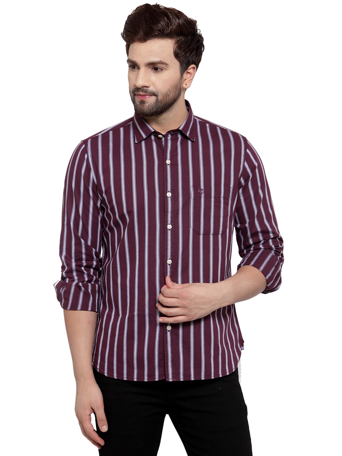 

Cantabil Men Maroon Vertical Stripes Slim Fit Casual Shirt